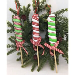 3 Spiral Lollipop Christmas Ornaments Peppermint Green Red White Gingham Bow New